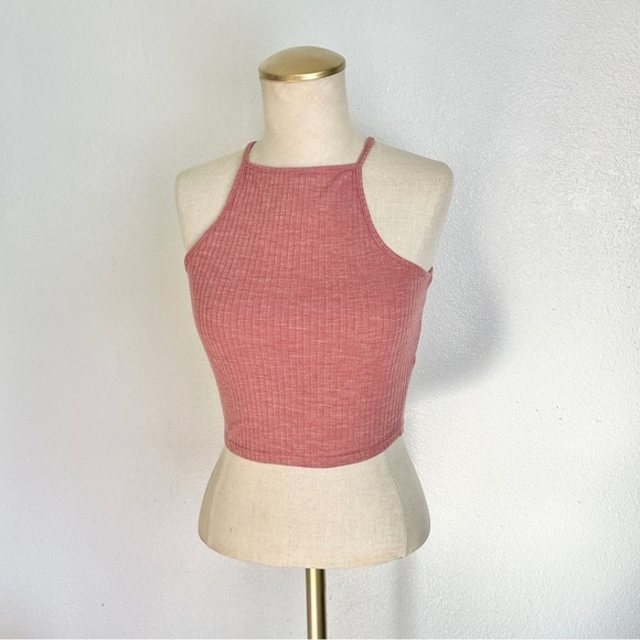 ✨ Charlotte Russe Ribbed Mauve Pink Rose Crop Halter Tank Top Size S - Picture 7 of 9